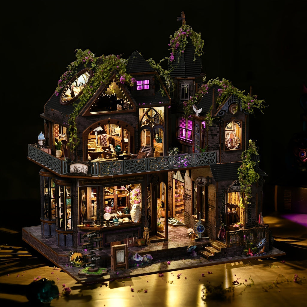 3D Wooden Puzzle Magic Castle Model Kit – DIY Assembly with Owl, Magic Hat & Flowers, Bookshelf Desk Decoration