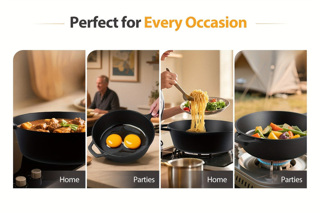 2-in-1 Cast Iron Dutch Oven with 26cm Deep Pot and Long-Handle Skillet Lid for Stovetop, Oven or Campfire