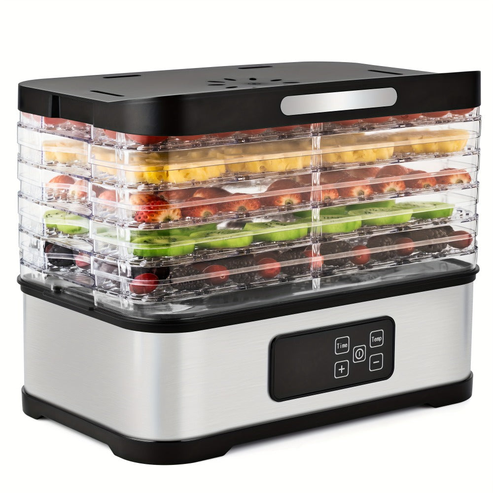 Five-Tray Stackable Food Dehydrator with 240W Heating, 95–158°F Control and Silver or Green Options