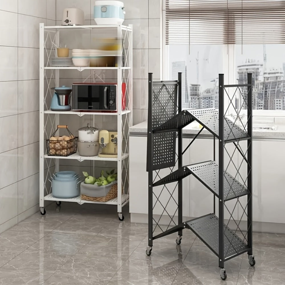 Storage Rack 3-5 Tier Foldable Shelving Unit with Wheels – Portable Multi-Layer Floor Standing Utility Shelf Organizer for Bedroom Closet