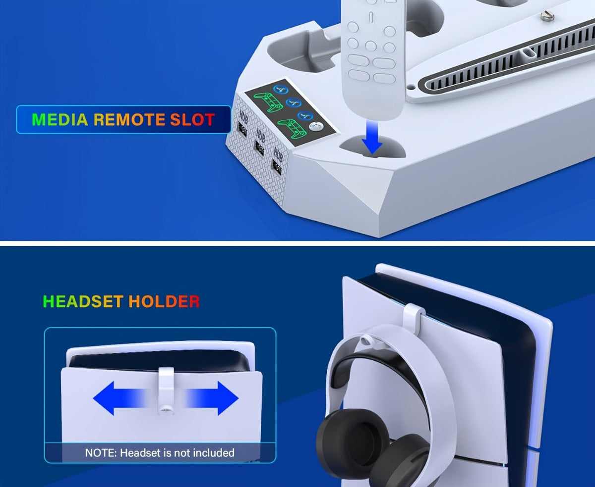 Five-in-One Console Stand Compatible with PS5 Models, Dual Controller Dock, Fan, USB Hub and Headset Holder