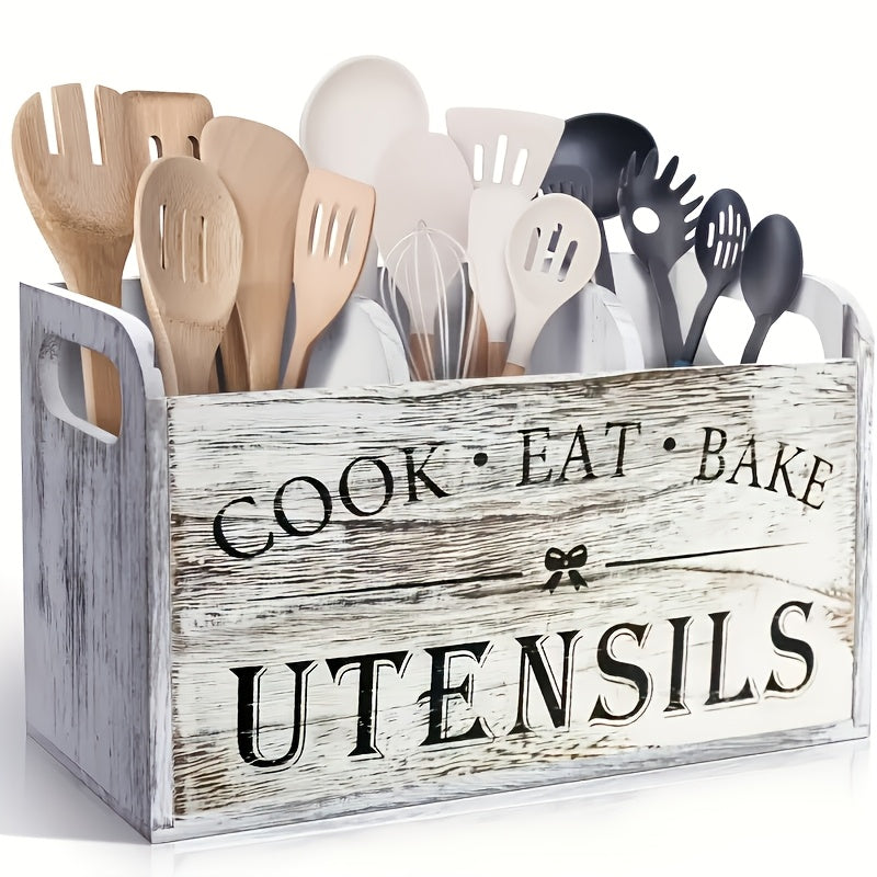Kitchen Utensil Organizer – Extra Large Rustic Wooden Utensil Holder with 3 Compartments, Countertop & Wall Mounted Storage Rack for Cooking