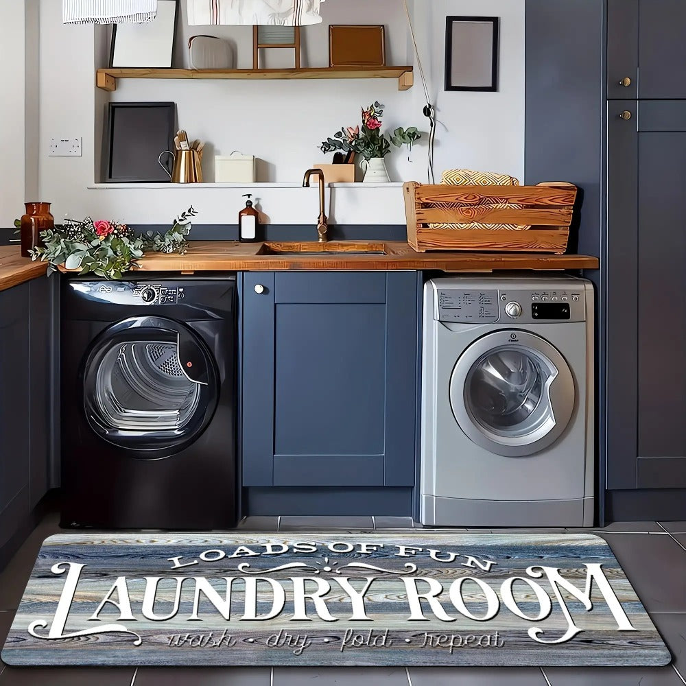 Non-Slip Laundry Room Mat Wood Grain Design – Heavy Duty Washable Rubber Backing Carpet | Rustic Dark Brown & Gray Kitchen Bathroom Rug |