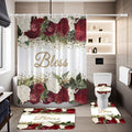 Four-Piece Rose and Bless Shower Curtain Set with Coordinated Mats, Lid Cover and Twelve White Hooks