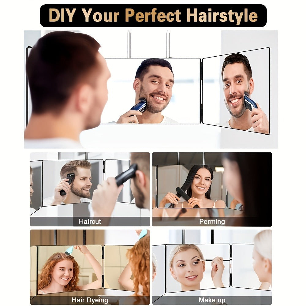 Barber Mirror, 3 Way Mirror for Self Hair Cutting with LED Lights, 360° View Anti-Fog HD Glass USB Rechargeable Folding Barber Mirror
