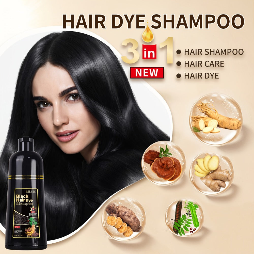 Hair Color Shampoo, RILSIC 3-in-1 Two-Pack of 500ml Pump Bottles with Black or Dark Brown Selection