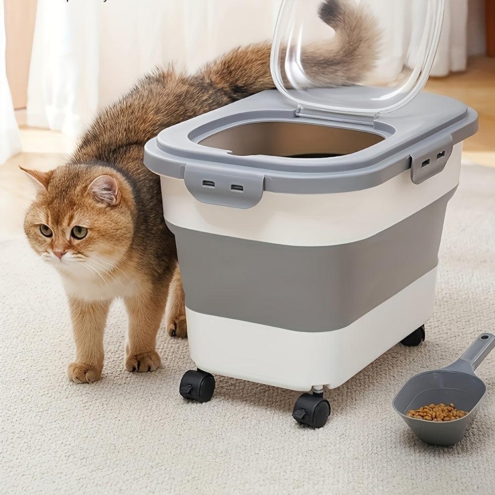 Collapsible Rolling Pet Food Bin with Measuring Cup, Folding Sides and Three Color Options