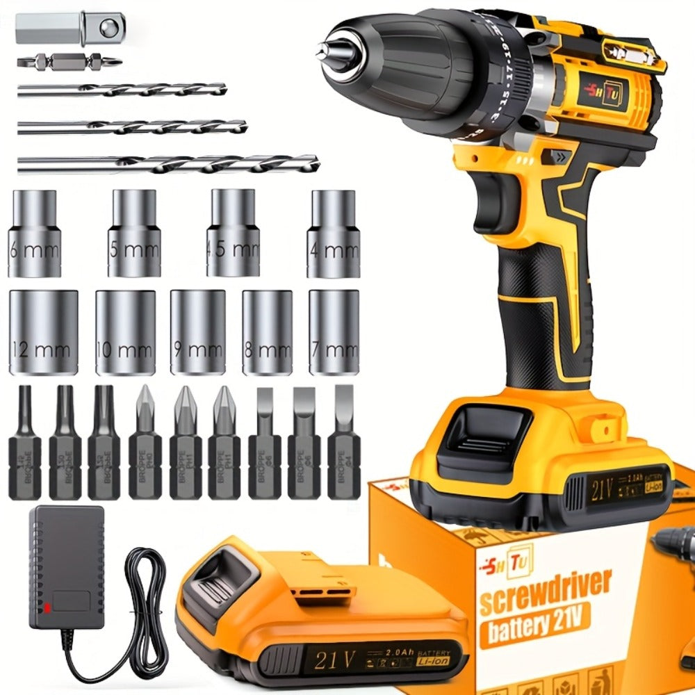 Impact Drill Set 21V Cordless with Drill Bit Accessories, Toolbox & Charger, Wireless Impact Wrench Drill