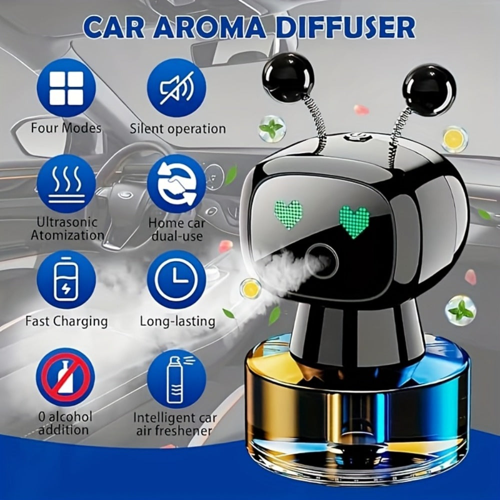 Robot Car Air Freshener Auto Spray – AI Dynamic Expression, 4 Fragrance Gears, Car Start/Stop Trigger, 5 Scents