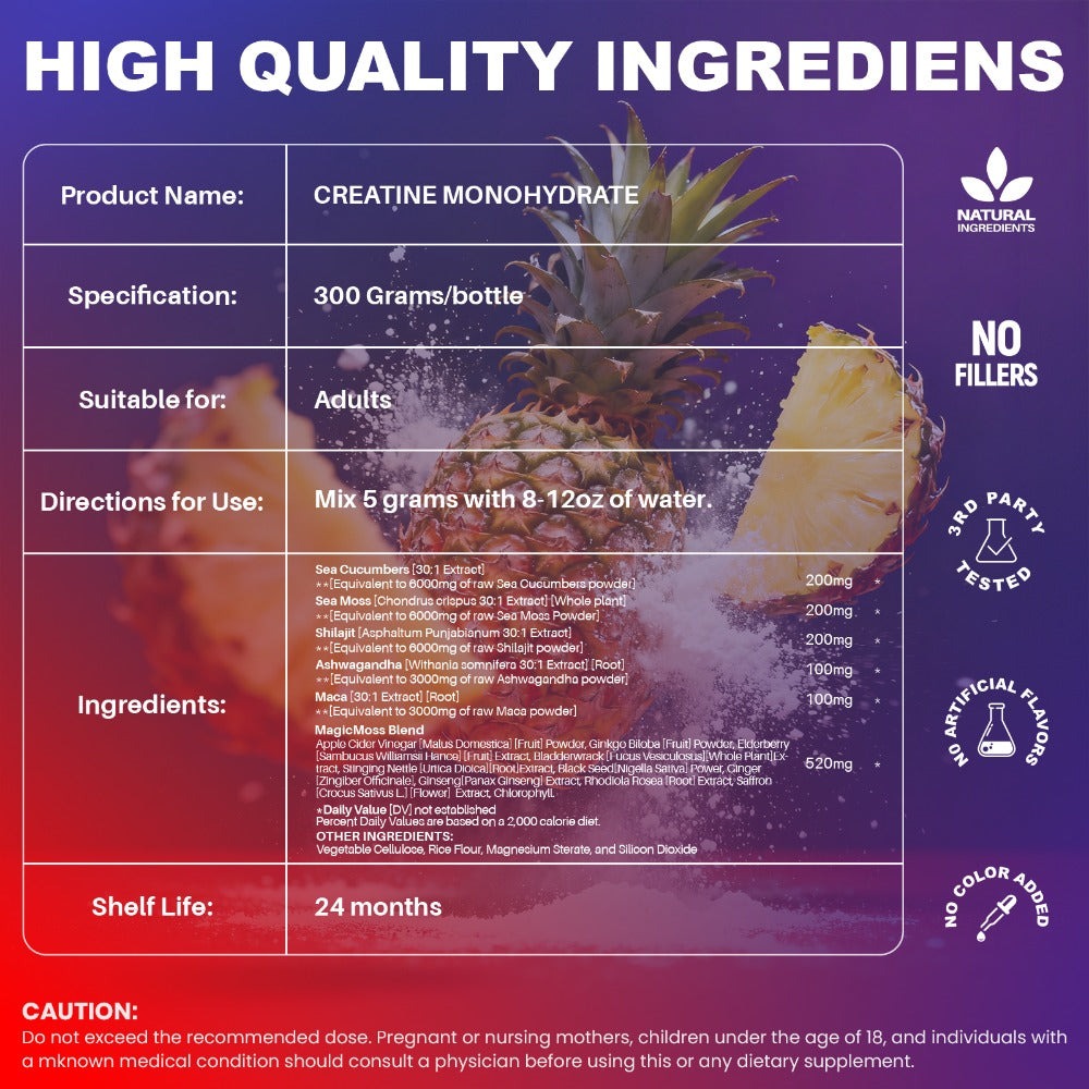 Creatine Monohydrate Powder 5000mg Per Serving - Pineapple Flavor, No Artificial Sweeteners - Strength