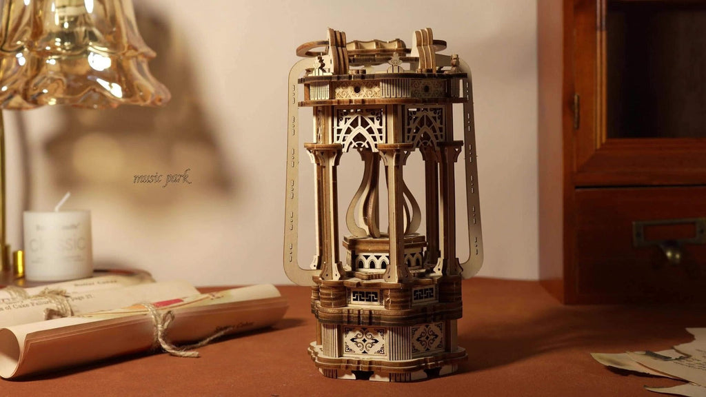 LED Wooden Lantern Model Kit, Rotating Mechanical 3D Wooden Puzzle for Adults & Teens, Glowing Vintage Desk Decor Display