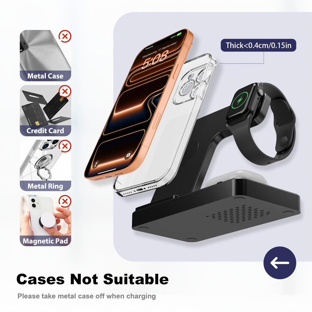 Wireless Charging Station, Foldable 3-in-1 15W Portrait-Landscape Stand with Four Black or White Adapter Options
