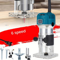 Six-Speed 800W Laminate Trimmer with Clear Base, Shaft Lock and Guide Accessories in Blue Housing