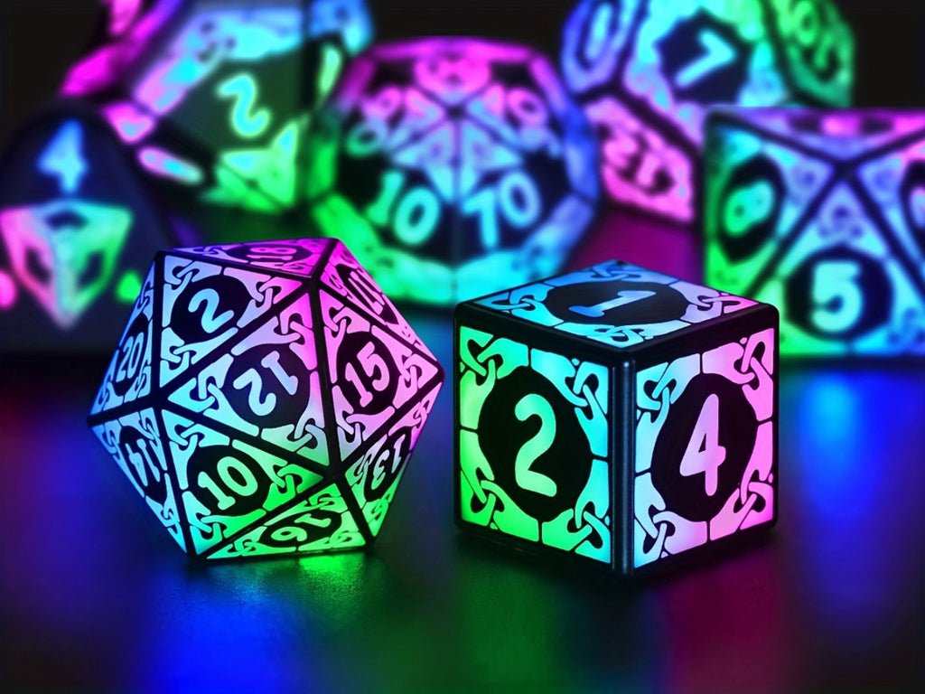 LED Dice Set 7pcs Wireless Rechargeable Light Up, Colorful Glowing Polyhedral Dice with Charging Box