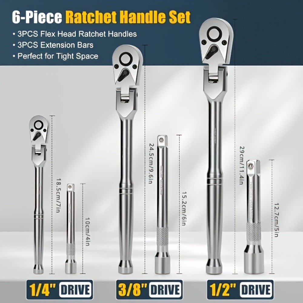 6-Piece Ratchet Wrench Set 1/4" 3/8" 1/2" Drive – Rotating Head Ratchet with Extension Bar, Chrome-Plated Stainless Steel