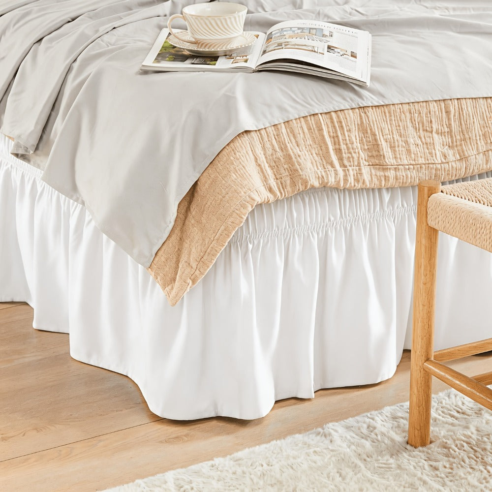 Bed Skirt Elastic Wrap Around Ruffle – 15 Inch Drop Microfiber Dust Ruffle, Adjustable No-Lift Fit, Fade Resistant Machine Washable