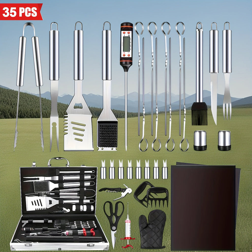 Thirty-Five-Piece BBQ Grill Tool Kit with Thermometer, Two Grill Mats, Heat Glove and Carry Case