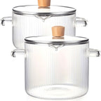 Ribbed Transparent Glass Cooking Pot with Lid in 60.87oz or 77.77oz Sizes, Clear Side Handles and Pouring Spout
