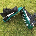 Lawn Aerator Shoe Pair with Green Platforms, Adjustable Black Straps and Spiked Soles for Walking Use