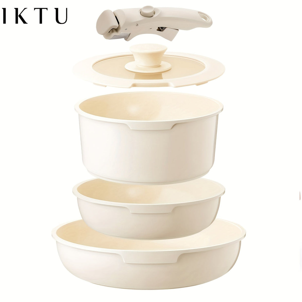 Cookware Set IKTU 5-Piece Detachable-Handle Aluminum Pots and Pans in White, Pink, Beige or Coral Pink