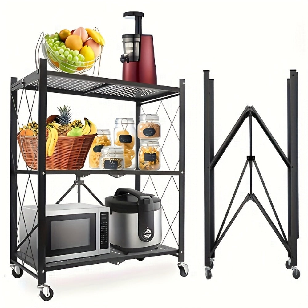 Heavy Duty Storage Rack with Wheels 3-Layer Foldable Metal Shelving Unit 750 LBS Capacity, Rolling Utility Cart for Garage Kitchen Pantry