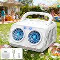 White Dual-Wheel Bubble Machine with Material Thickened Label, Handle, USB Port and Battery Compartment