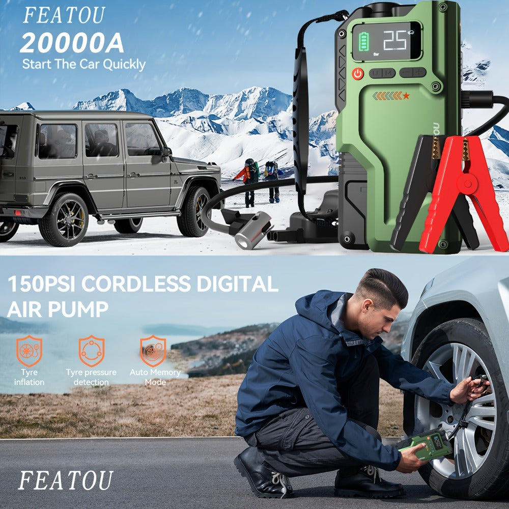 Green Jump Starter and Tire Inflator Enhanced Version with Digital Pressure Display and Clamp Leads