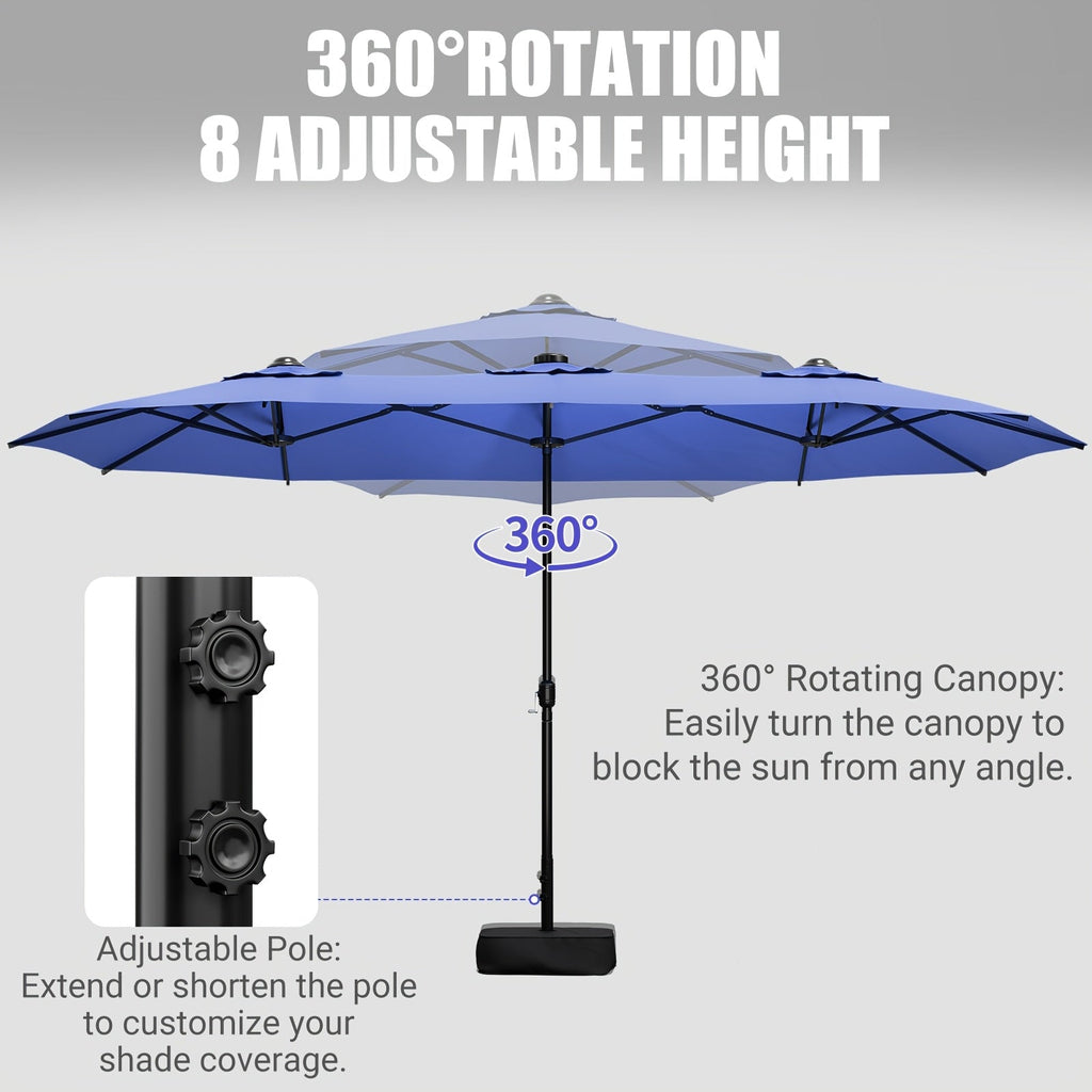 Patio Umbrella 15x7.5FT Double-Sided Style with Crank and Four Blue, Red, Khaki or Lake-Blue Options