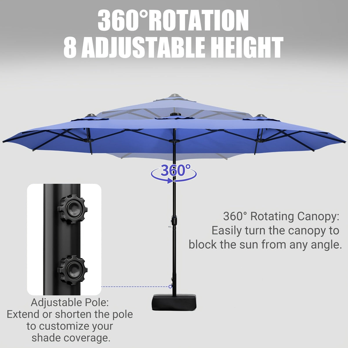 Patio Umbrella 15x7.5FT Double-Sided Style with Crank and Four Blue, Red, Khaki or Lake-Blue Options