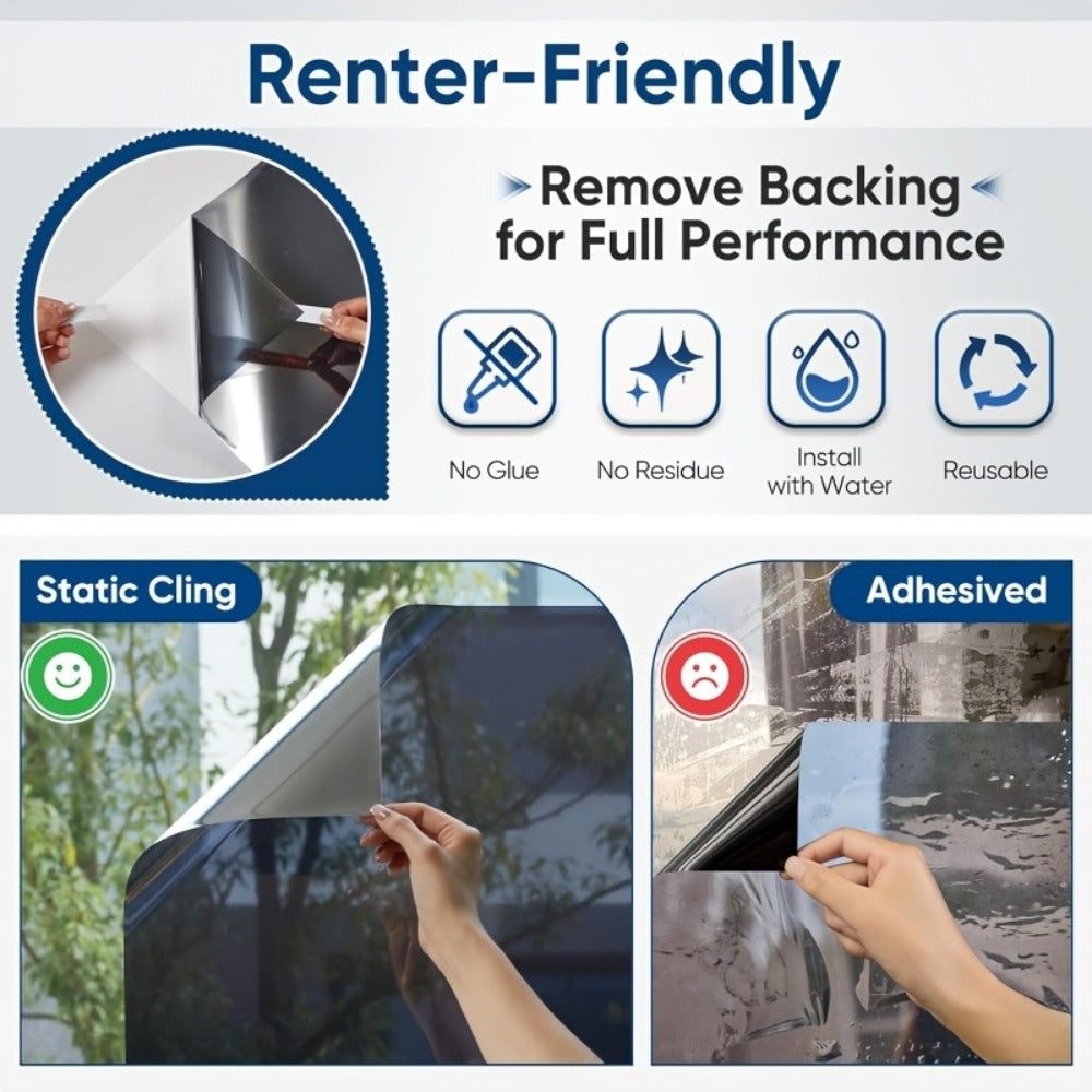 One Way Window Film Static Cling No Glue UV Blocking Heat Control Reflective Mirror Film for Home Office Bathroom