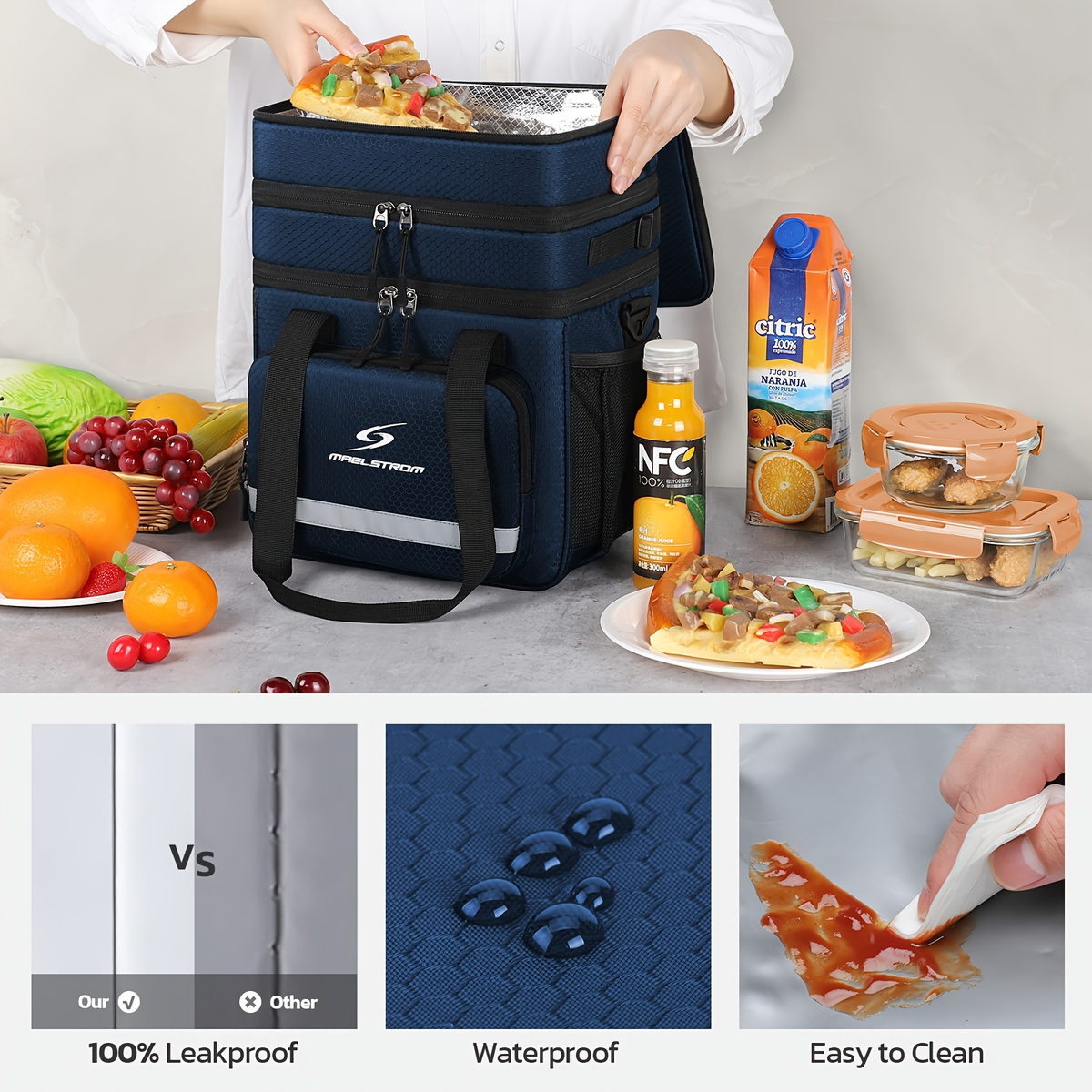 19L Triple-Compartment Lunch Bag with Three Stacked Zippers, Shoulder Strap and Four Color Options