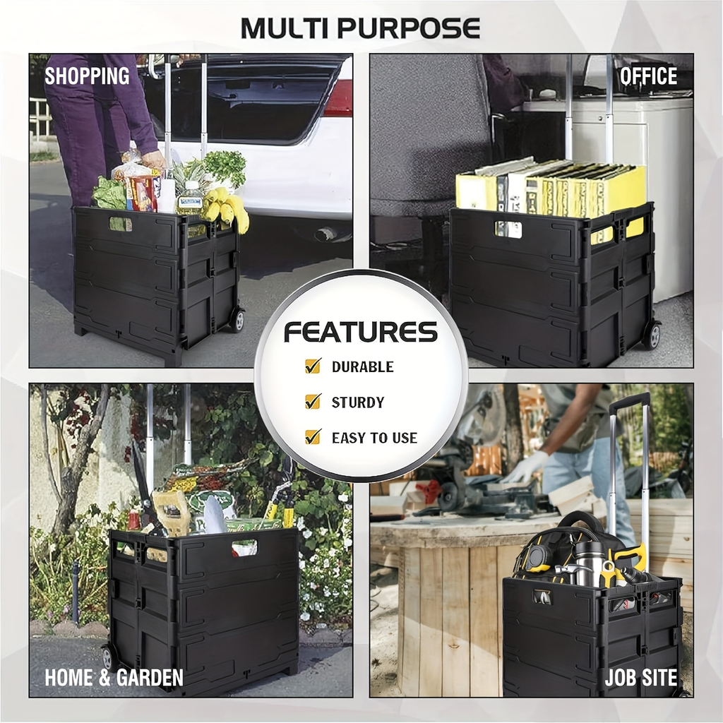 Collapsible Rolling Cart with Wheels – 80 Lbs Heavy Duty Foldable Crate on Wheels for Teachers, Shopping & Storage, Lid Doubles as Seat