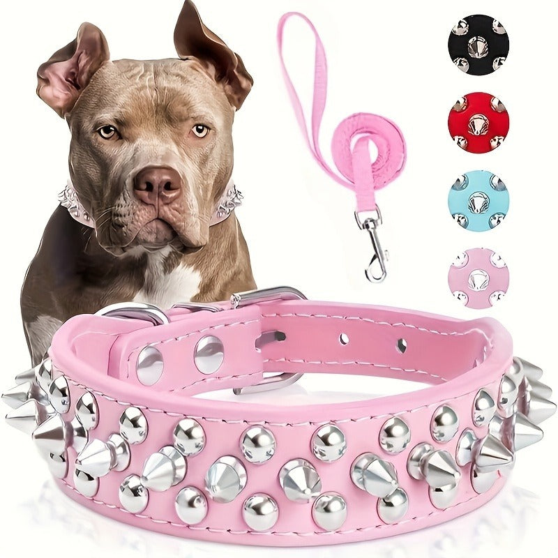Rivet Dog Collar Bite Resistant with Leash Set, Heavy Duty Metal Buckle Pet Collar for Medium Large Dogs, Adjustable Sizes XS–XXL