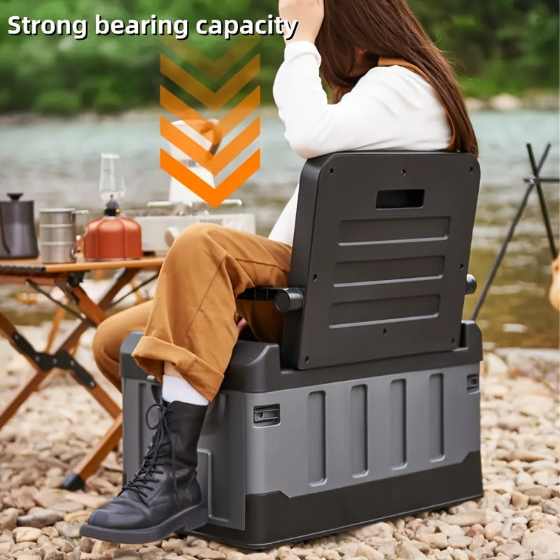Folding Storage Box & Fishing Stool 2-in-1, Large Portable Organizer with Backrest for Car Trunk
