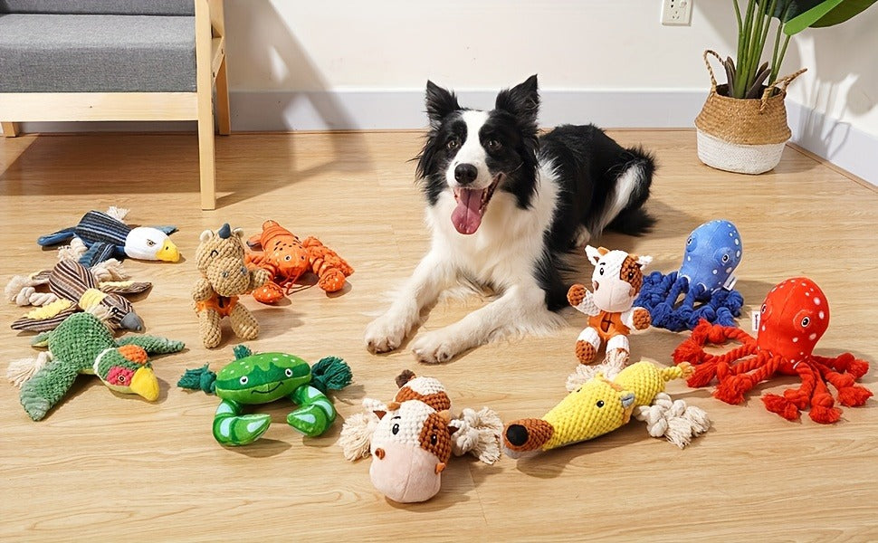 Dog Toy Cow Plush with Squeaker, Crinkle Paper, Woven Legs and Washable Construction for Multiple Dog Sizes