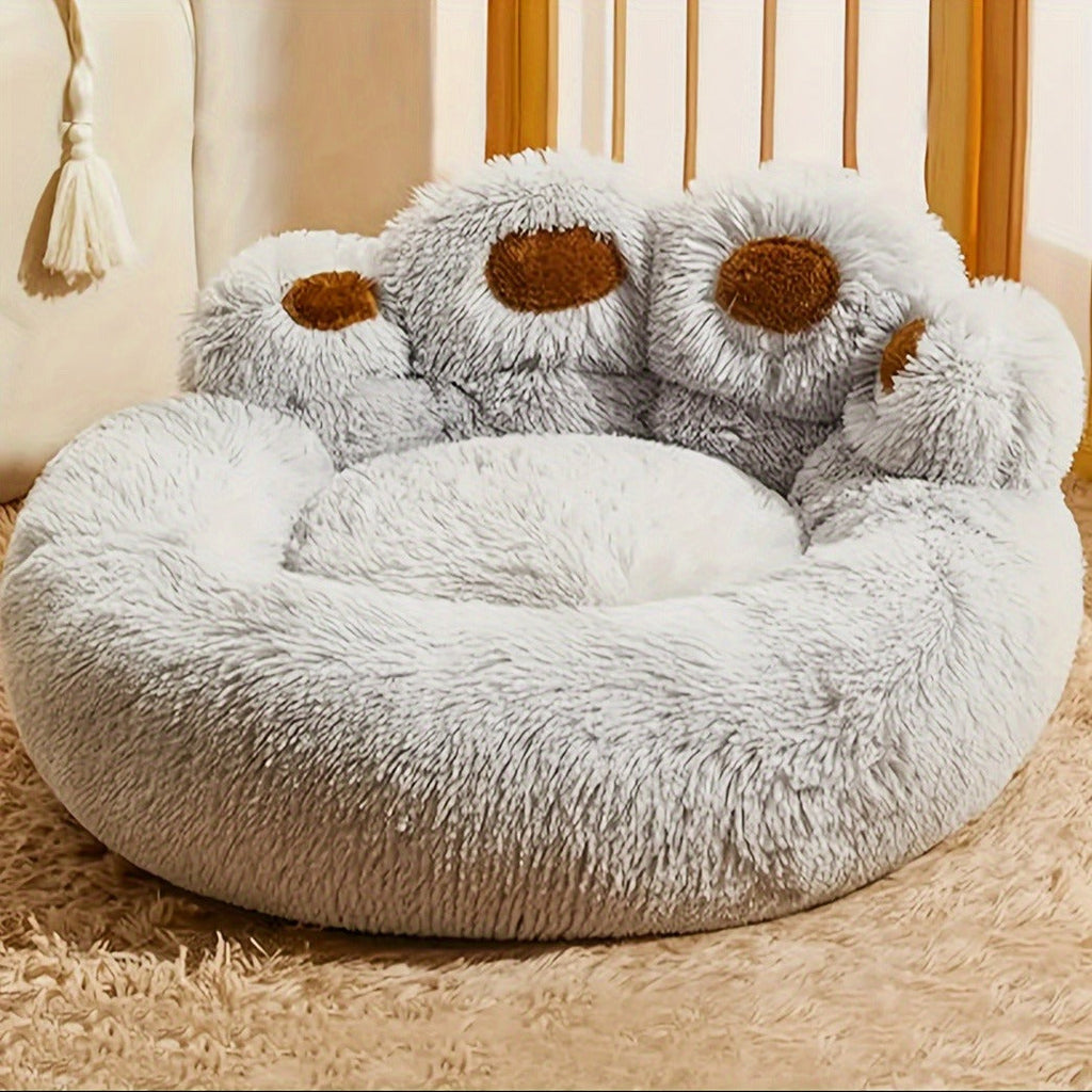 Bear-Paw Round Plush Pet Bed in Coffee, Pink or Gray with Four Weight-Labeled Size Options