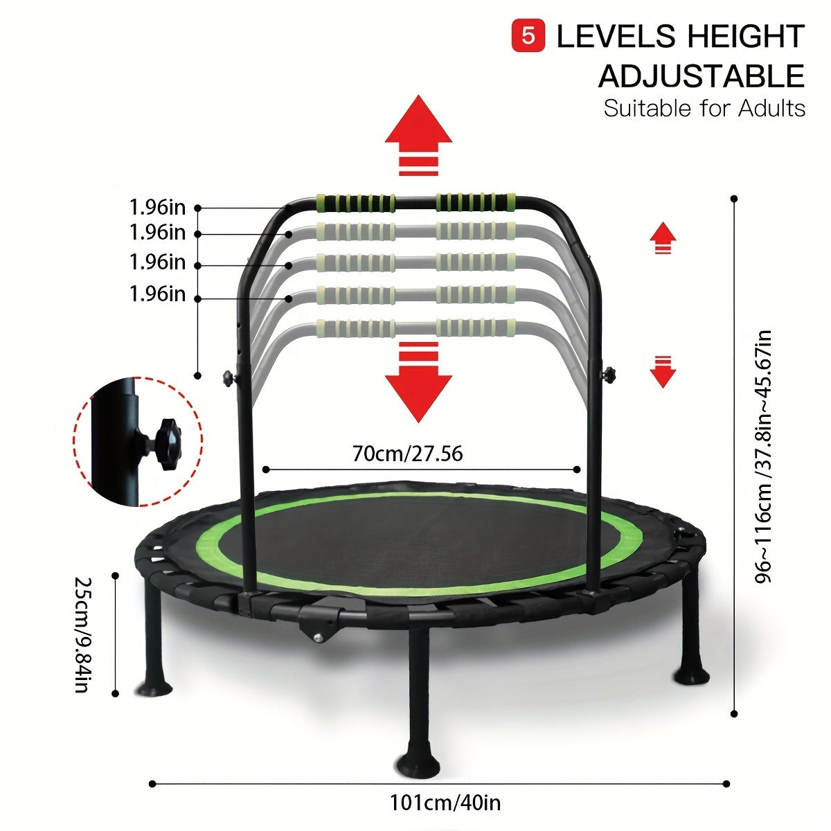 Rebounder Mini Trampoline 40 Inch Foldable with Adjustable Foam Handles – Bungee Elastic Strap Design, Thick Steel Frame, 600 lbs Capacity