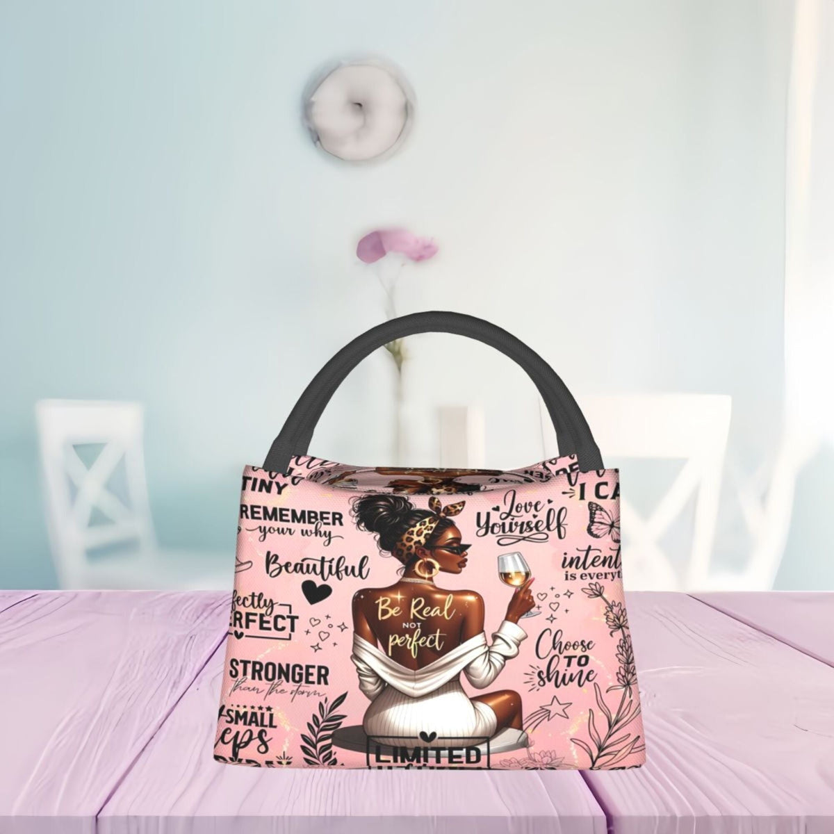 Insulated Lunch Bag with Black Girl Wine Tasting Pattern – Portable Reusable Cooler Bag for Camping, Picnic, Beach, Office & Outdoor Use