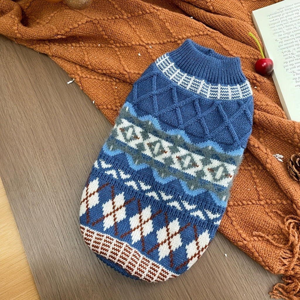 Cable-Knit Dog Turtleneck Sweater with Fair Isle Pattern, Beige or Blue and Five XS–XL Sizes