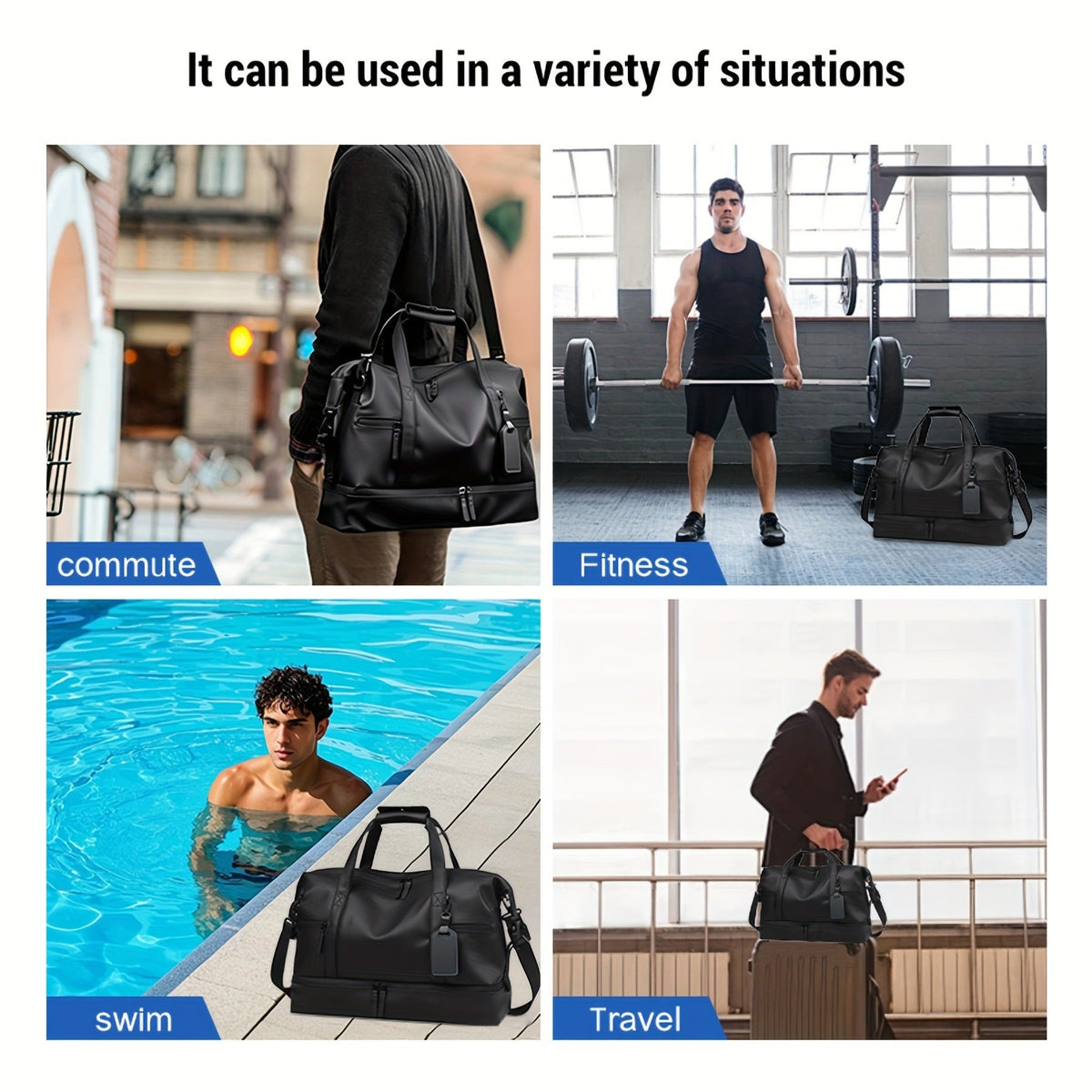 Gym Duffel Bag with Wet Pocket & Shoe Compartment – Foldable PU Leather Sports Travel Bag for Workouts, Weekend Trips & Everyday Use