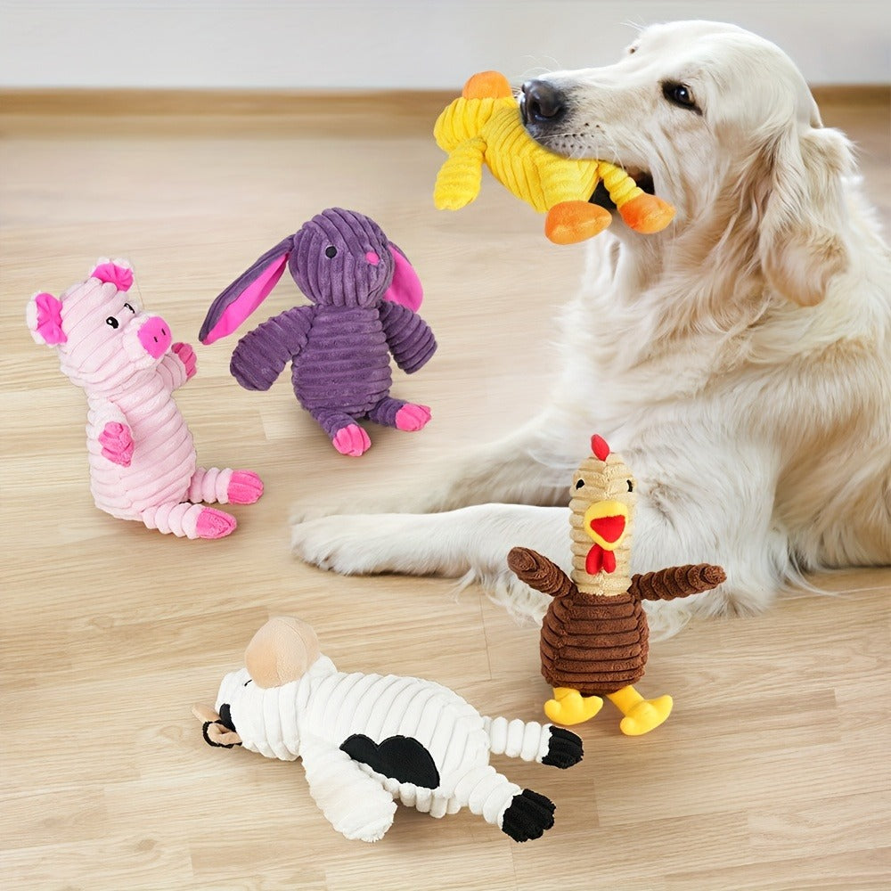 Dog Toys Five-Piece Squeaky Plush Animal Set with Pig, Frog, Elephant, Chicken and Fox Designs