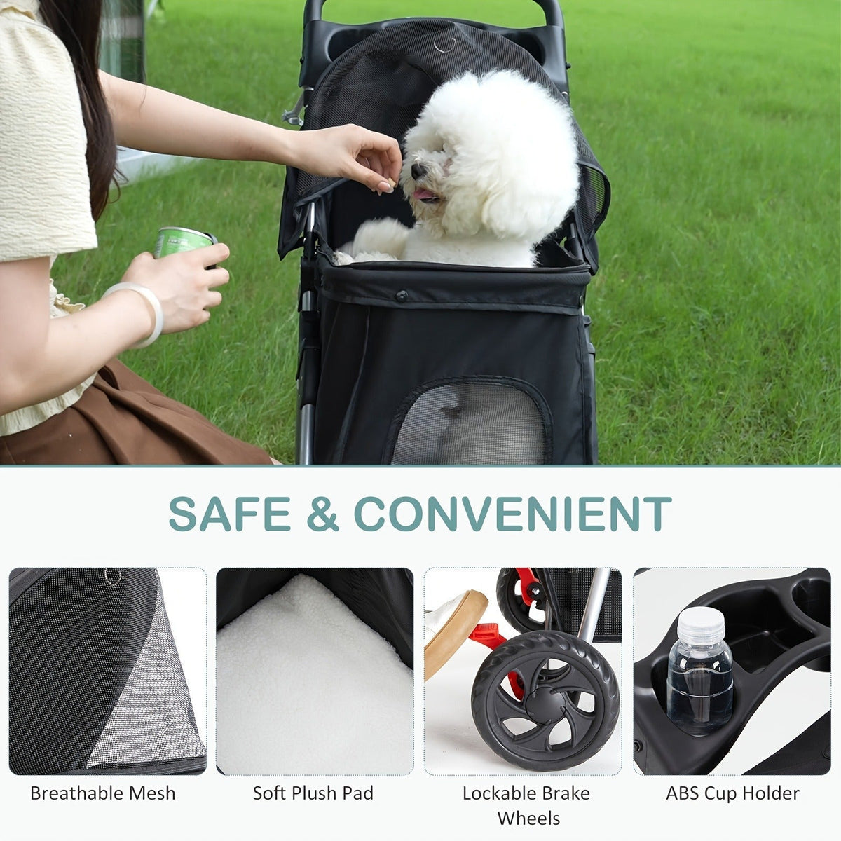 Black Three-Wheel Pet Stroller with Mesh Cabin, Front Cover, Cup Tray and Lower Storage Basket