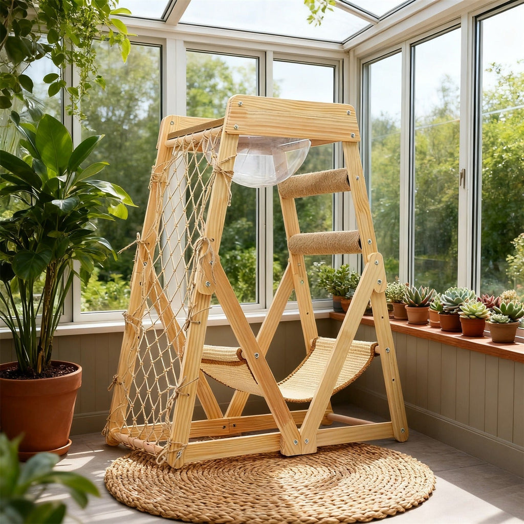 Cat Tree Triangle Cat Tower with Sisal Scratching Posts, Soft Hammock Bed & Hanging Feather Toys – Bamboo Stable Cat Climbing Tower