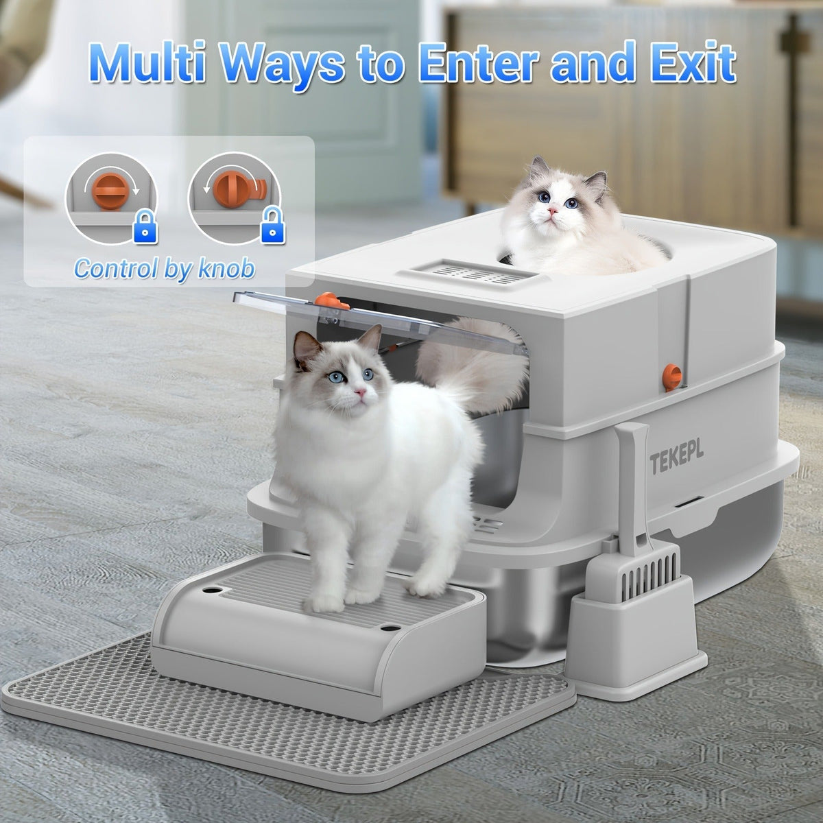 TEKEPL 68L Cat Litter Box with Stainless Steel Basin and Modular Enclosed, Semi-Open or Open Configuration