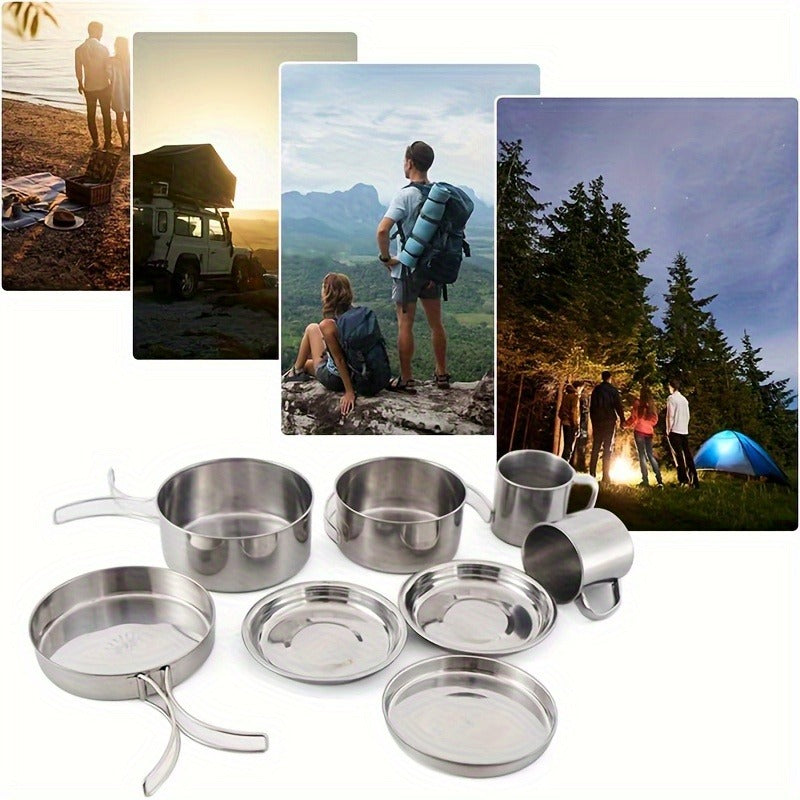 Stainless Steel Camping Cookware Set 8 Piece with Pots Pans Plates Cups and Handles – Lightweight Outdoor Cooking Kit for Camping Hiking