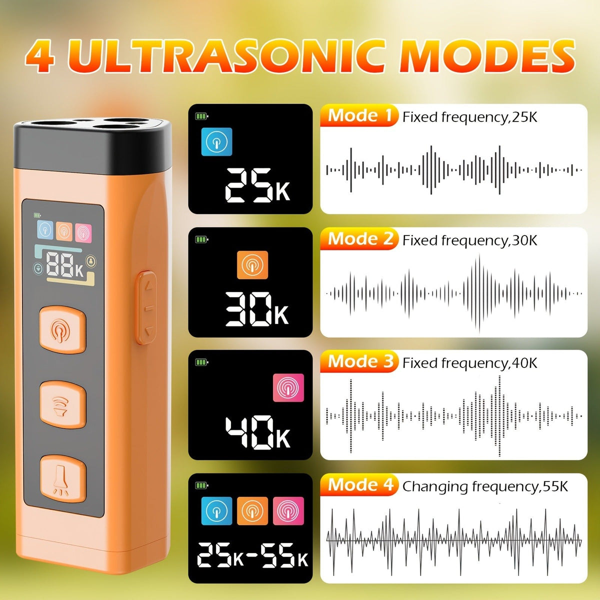 Orange Rechargeable Triple-Emitter Ultrasonic Dog Training Aid with Display, Light and Wrist Strap