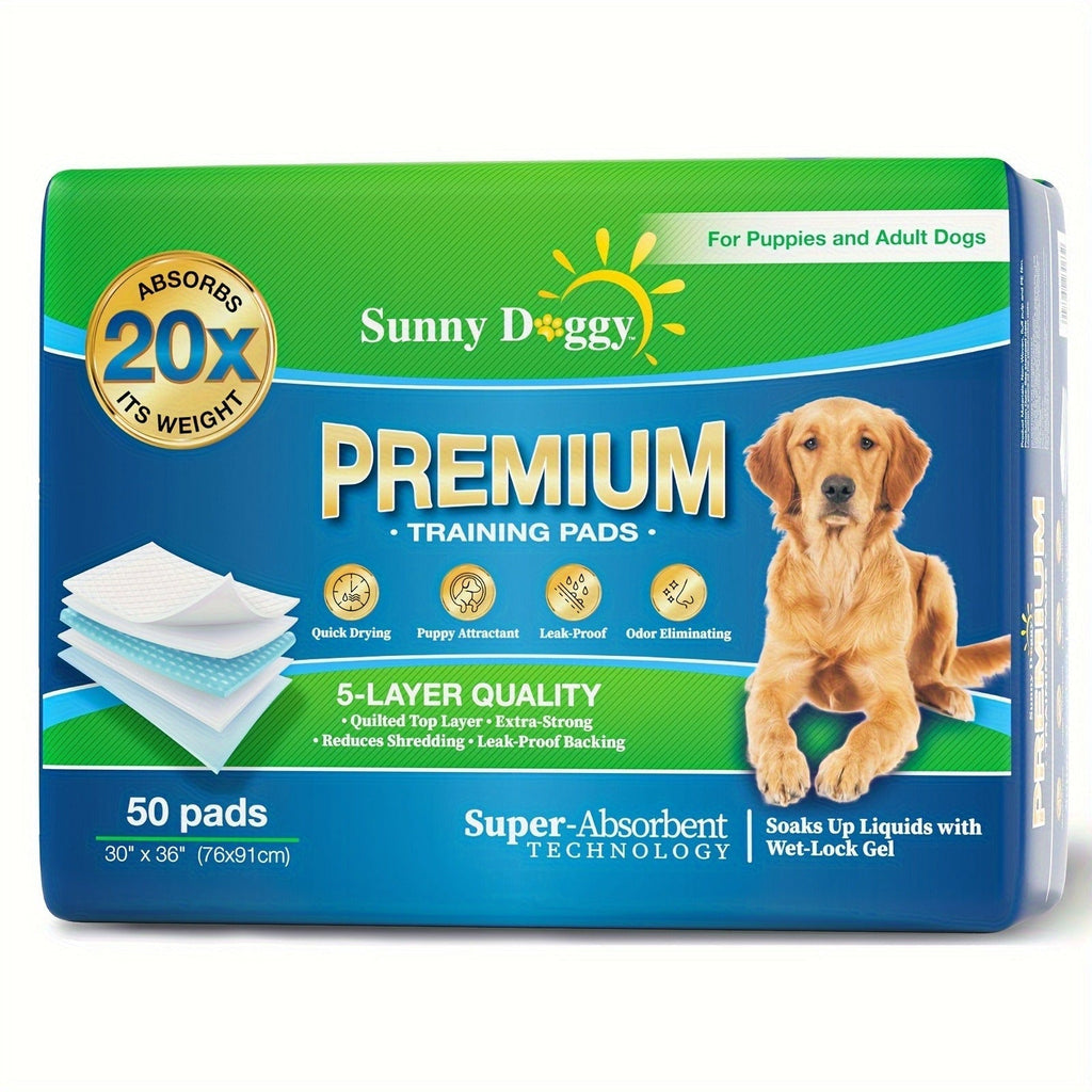 Dog Training Pads, Sunny Doggy Disposable Sets in 120-Count 22 x 22, 50-Count 30 x 36 and 40-Count 36 x 36 Sizes
