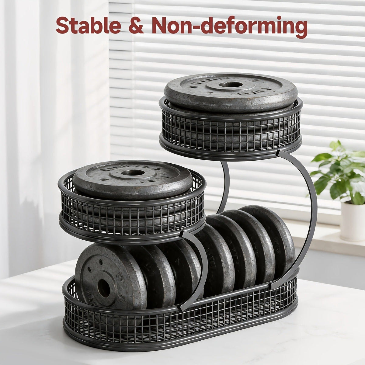 Three-Level Black Wire Fruit Basket with Two Round Bowls and 15.75-Inch Rectangular Base Tray