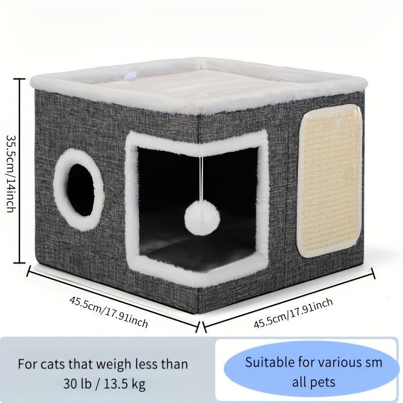 Multi-Tier Cat House & Indoor Cat Cube Bed – Foldable 2-Level Cat Tree with Scratching Post, Toy Tunnel & Plush Hanging Ball