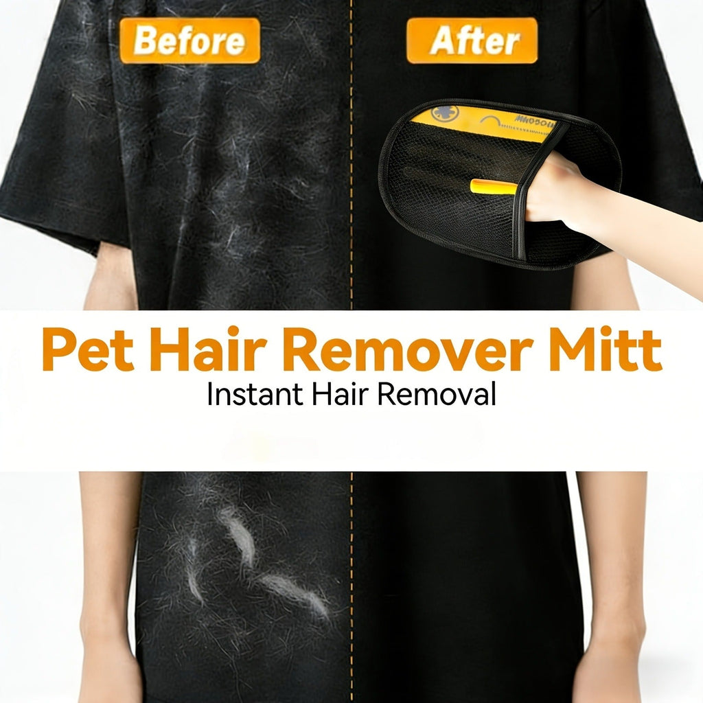 Reusable Fabric Pet Hair Removal Mitt Set with Four Black Mitts and Yellow Hand Straps for Upholstery